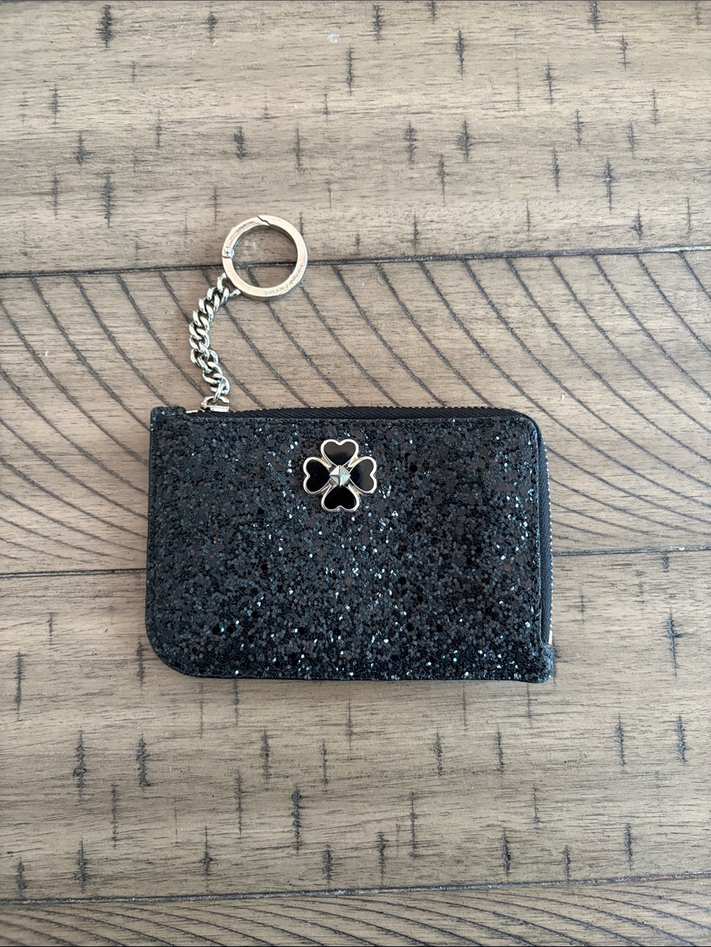 kate spade Black Glitter Zip Key Card Holder with Clover Charm
